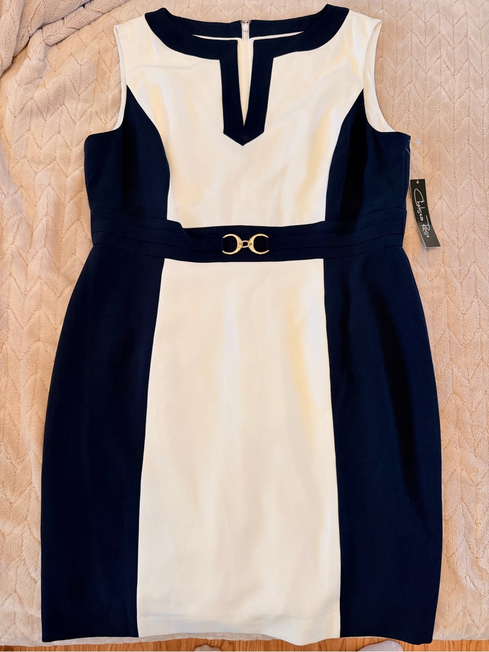Color-Block Navy and White Mini Dress with Gold Buckle